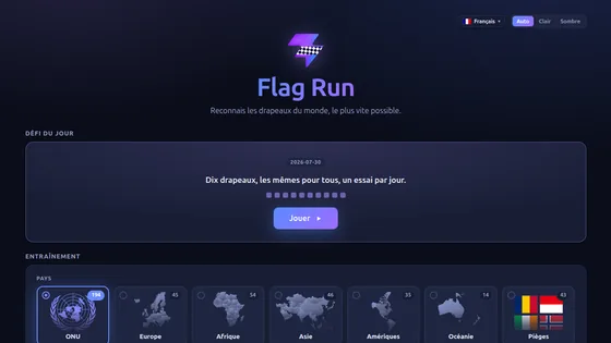 L'accueil de Flag Run, avec le défi du jour et les continents