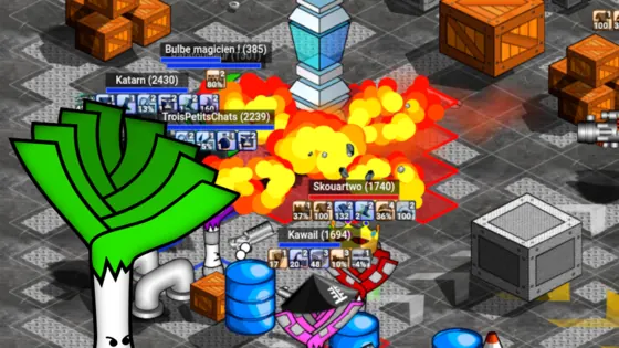 Un combat de Leek Wars : un poireau devant une explosion, dans un décor d'usine